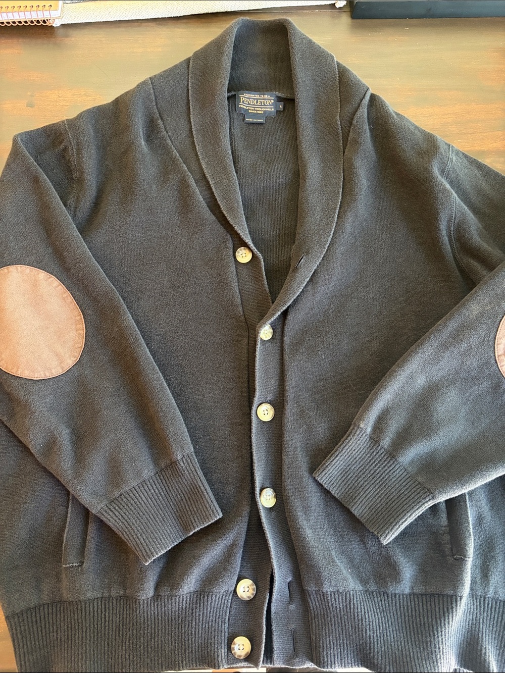 Pendleton Brown Shawl Collar Cardigan with Tan Elbow Patchesu